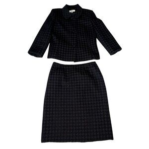Le Suit Womens Houndstooth Skirt Suit-Black-Size 10-GUC